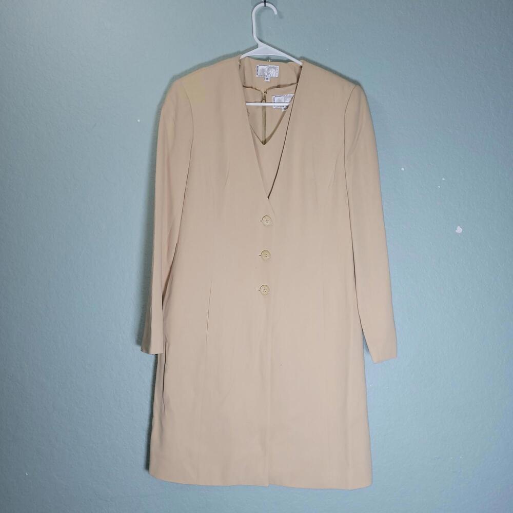 ALBERTO MAKALI 2pc Beige Dress + Jacket Blazer Suit Set sz 8 USA
